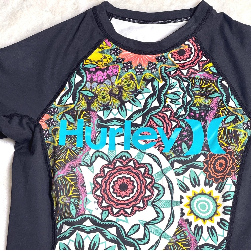 Hurley Womens Rash Guard Short Sleeve UPF 50+ Mandala Floral Print Black Teal